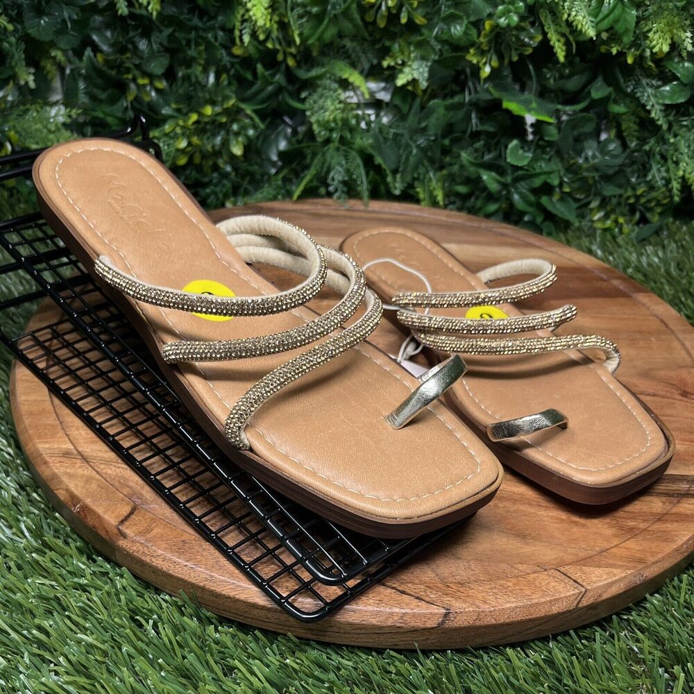 MARIELLA‎ Sandals Womens 9 Gold Strappy Stoned Slip On Slides Made In Italy 2109